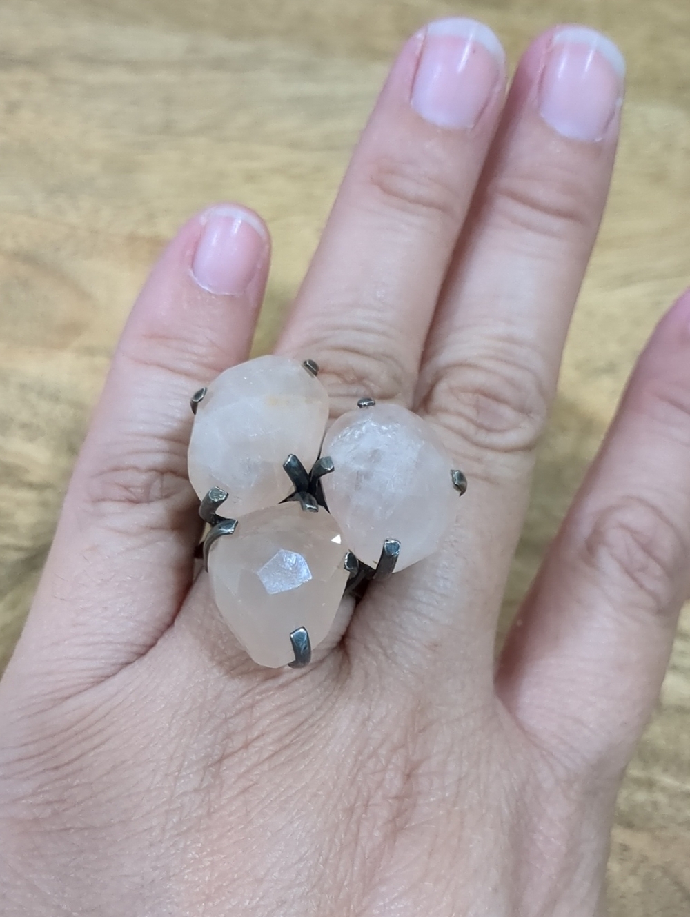 Brutalist Vintage Triple Rose Quartz Statement Ring - Pink Gemstone Ring